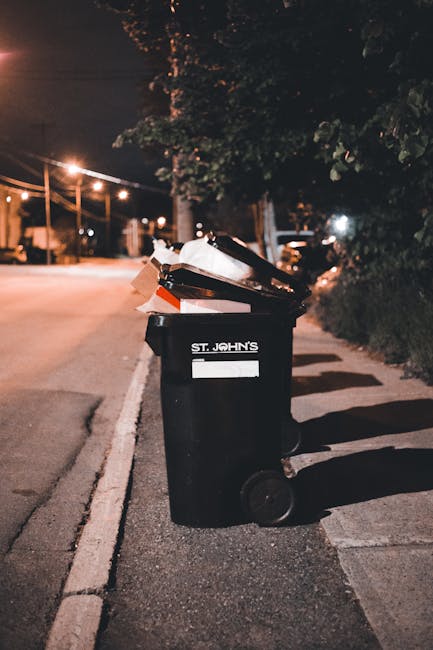A black wheeled rubbish bin with a white label and the words 'ST. JOHN'S' printed on it is positioned on the edge of a sidewalk. The lid of the bin is open, revealing a mixture of paper, cardboard, and plastic waste inside, which appears to be partially discarded. The bin is located next to a row of dense, dark green bushes and trees that extend into the background. The scene is illuminated by a streetlight casting a warm glow, creating long shadows on the pavement. In the background, there are streetlights and the faint outlines of parked vehicles along the quiet street, suggesting a residential or suburban area during nighttime. The surroundings and the presence of the bin imply an area where local refuse collection or private waste removal services, such as Rubbish Removal Lambeth, might assist with on-site rubbish disposal or alternative waste handling outside regular council collection times.